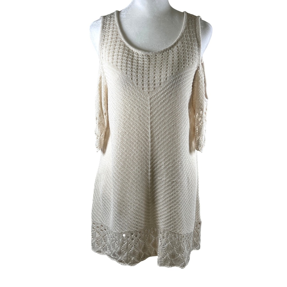 Womens Crochet Knit Western Boho Cold Shoulder Tunic Layering Dress XL Beige
